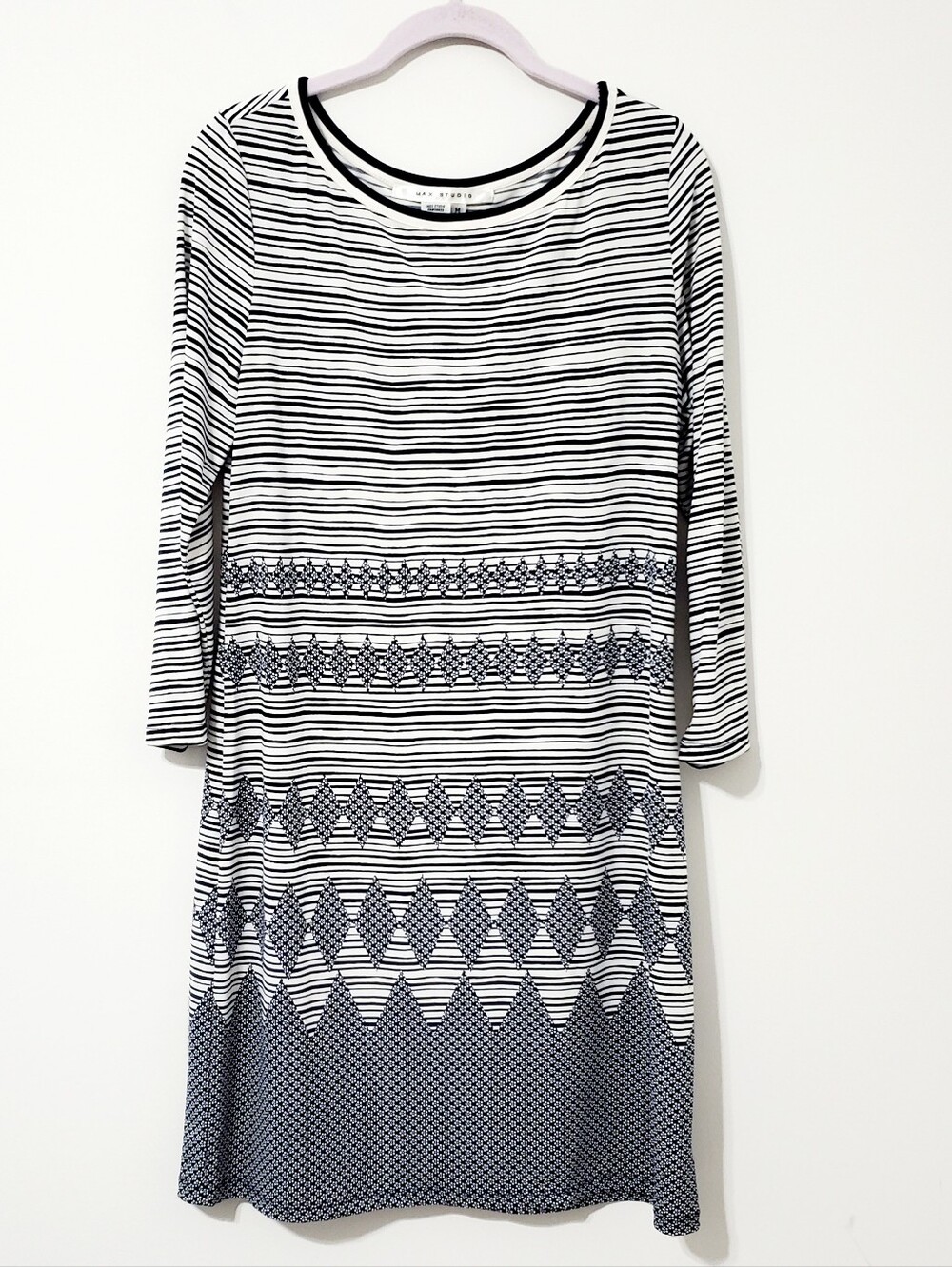 Max Studio Navy Ecru Geometric Stripe Pattern Shift Dress Size Medium